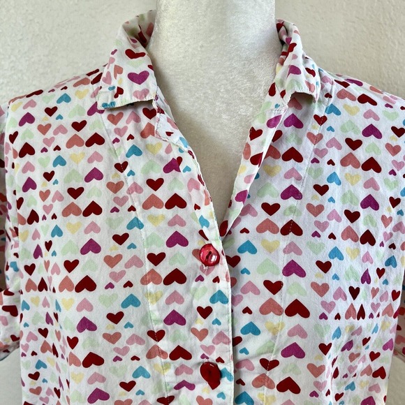 Allison Rhea Button Up Shirt Women’s Medium Multicolor Hearts Print Short Sleeve - Picture 1 of 10